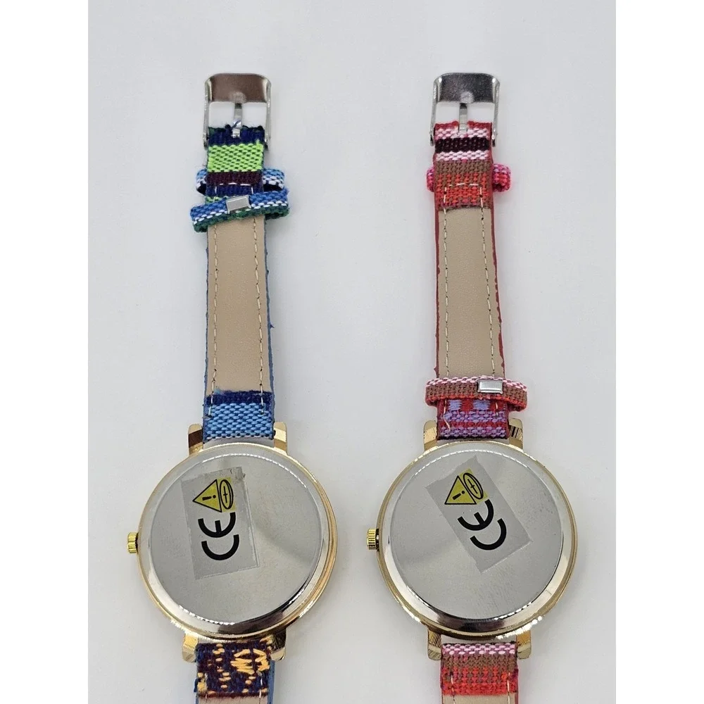 2X Women Watch 38MM Multicolor‎ Dial Multicolor Leather Fabric Bands NEW Battery